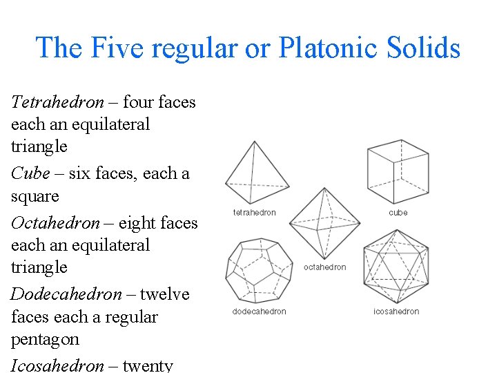 The Five regular or Platonic Solids Tetrahedron – four faces each an equilateral triangle