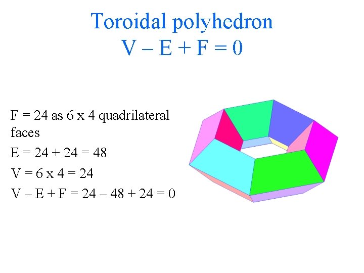 Toroidal polyhedron V–E+F=0 F = 24 as 6 x 4 quadrilateral faces E =