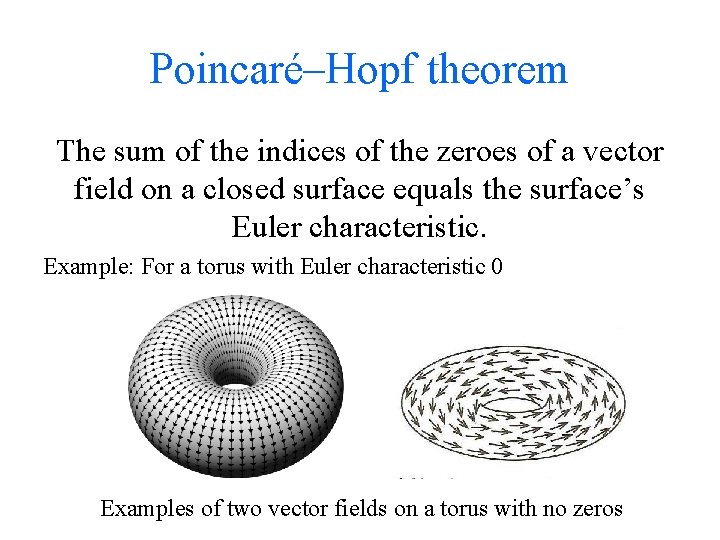 Poincaré–Hopf theorem The sum of the indices of the zeroes of a vector field