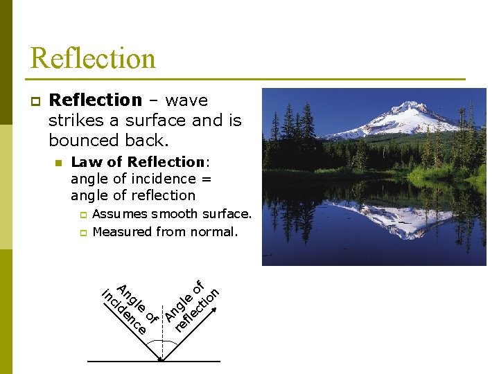 Reflection – wave strikes a surface and is bounced back. n Law of Reflection: