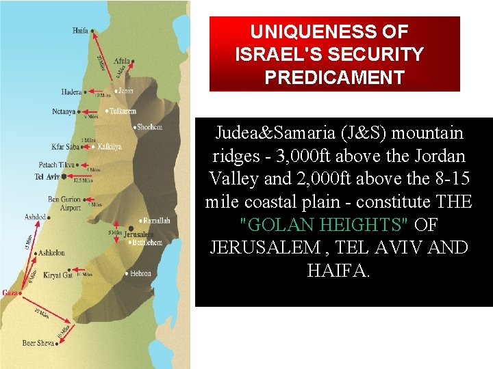 UNIQUENESS OF ISRAEL'S SECURITY PREDICAMENT Judea&Samaria (J&S) mountain ridges - 3, 000 ft above