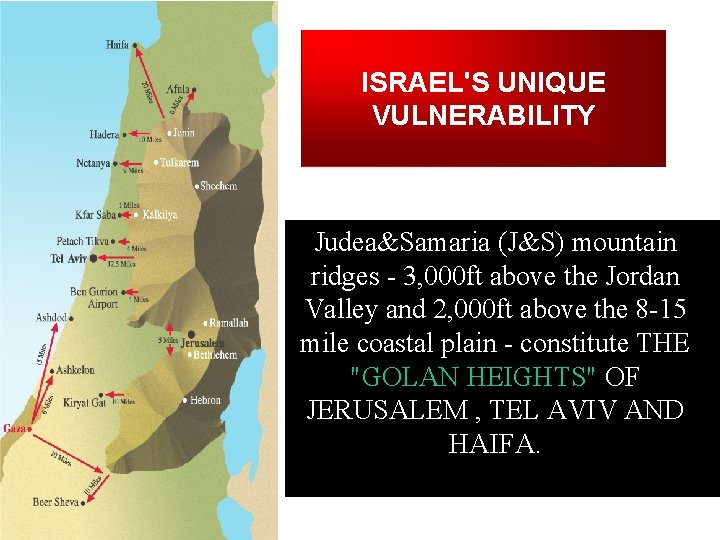 ISRAEL'S UNIQUE VULNERABILITY Judea&Samaria (J&S) mountain ridges - 3, 000 ft above the Jordan