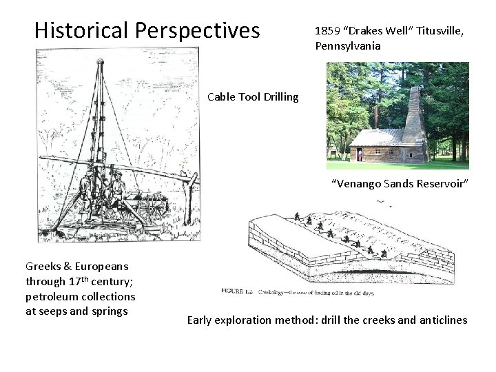 Historical Perspectives 1859 “Drakes Well” Titusville, Pennsylvania Cable Tool Drilling “Venango Sands Reservoir” Greeks