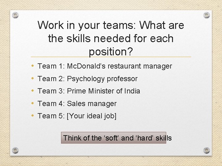 Work in your teams: What are the skills needed for each position? • •