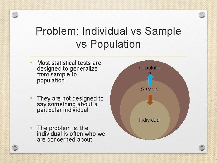 Problem: Individual vs Sample vs Population • Most statistical tests are designed to generalize