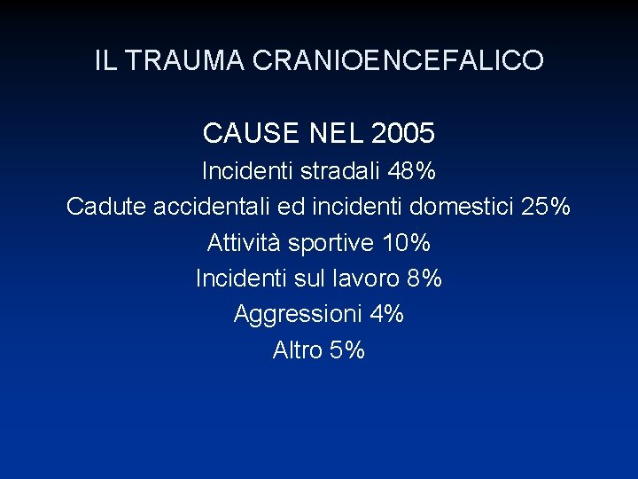 IL TRAUMA CRANIOENCEFALICO CAUSE NEL 2005 Incidenti stradali 48% Cadute accidentali ed incidenti domestici