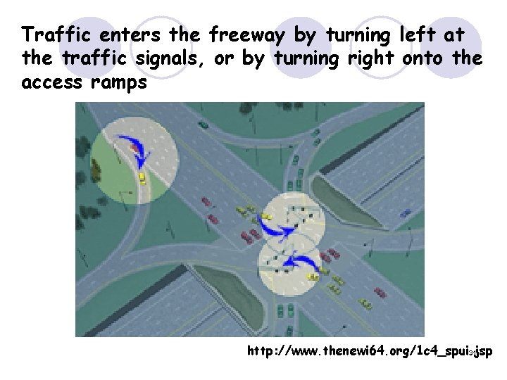 Traffic enters the freeway by turning left at the traffic signals, or by turning