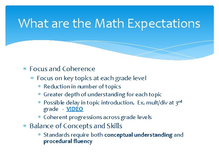 What are the Math Expectations Focus and Coherence Focus on key topics at each