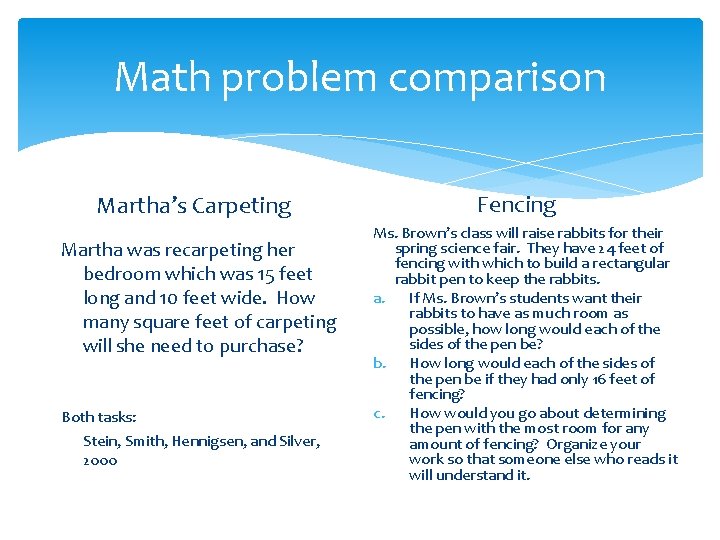 Math problem comparison Martha’s Carpeting Martha was recarpeting her bedroom which was 15 feet