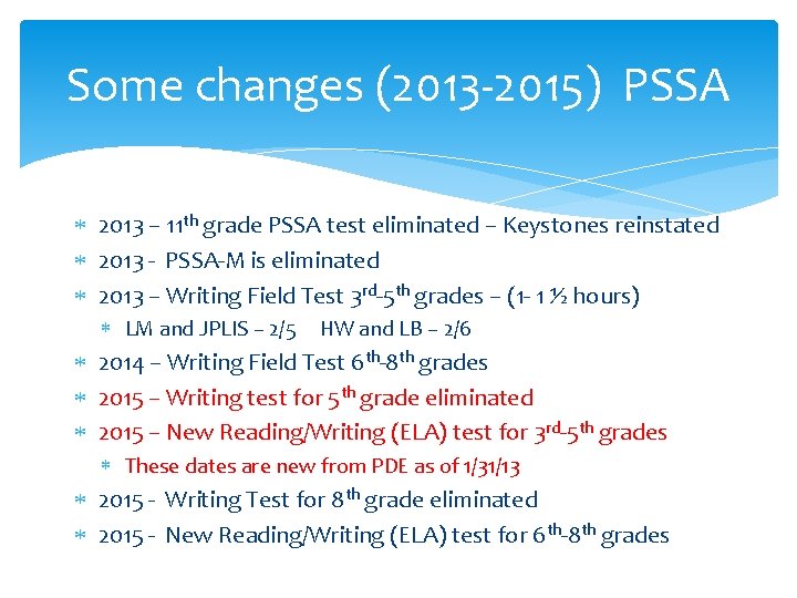 Some changes (2013 -2015) PSSA 2013 – 11 th grade PSSA test eliminated –