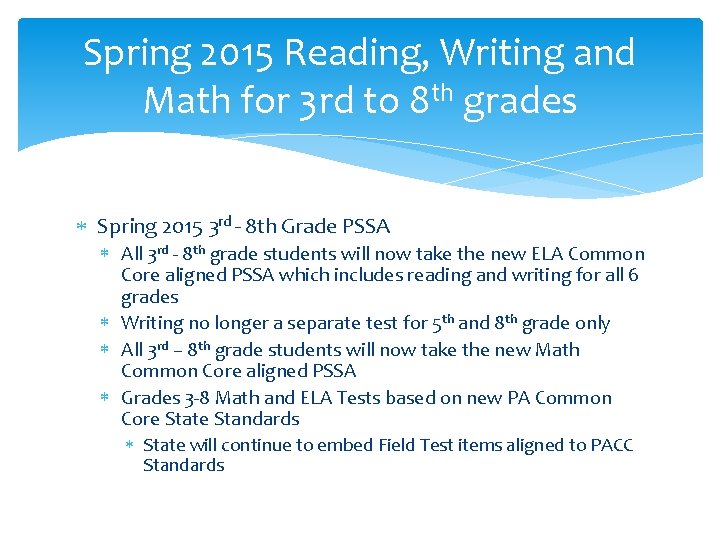 Spring 2015 Reading, Writing and Math for 3 rd to 8 th grades Spring