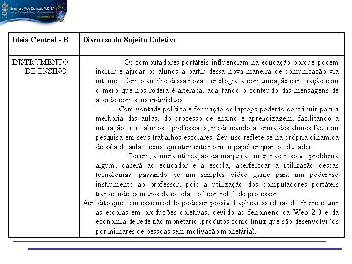 Idéia Central - B Discurso do Sujeito Coletivo INSTRUMENTO DE ENSINO Os computadores portáteis