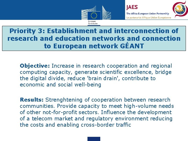 Priority 3: Establishment and interconnection of research and education networks and connection to European