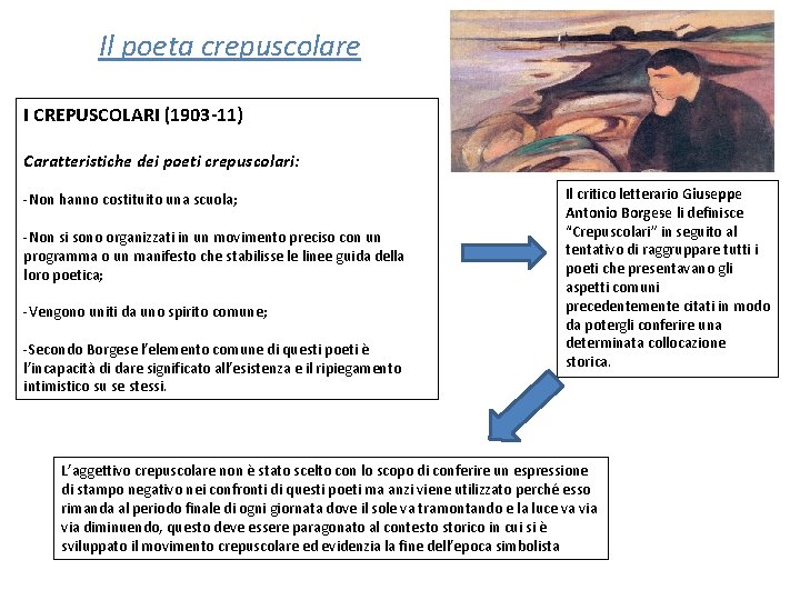 Il poeta crepuscolare I CREPUSCOLARI (1903 -11) Caratteristiche dei poeti crepuscolari: -Non hanno costituito