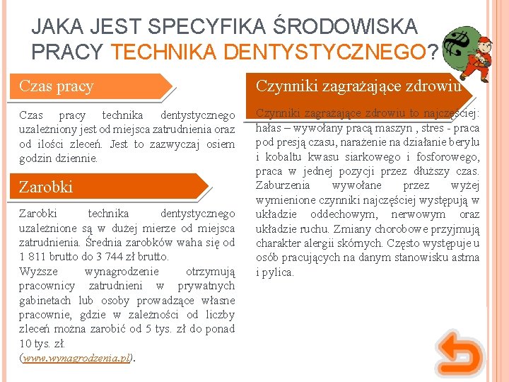 JAKA JEST SPECYFIKA ŚRODOWISKA PRACY TECHNIKA DENTYSTYCZNEGO? Czas pracy Czynniki zagrażające zdrowiu Czas pracy