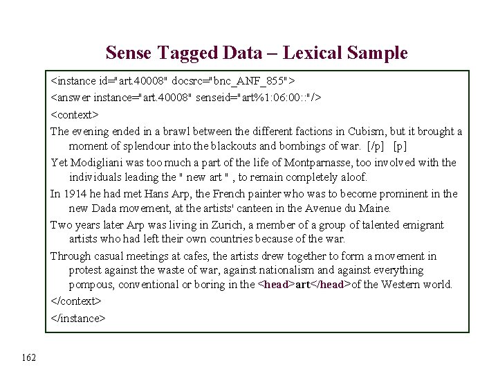 Sense Tagged Data – Lexical Sample <instance id="art. 40008" docsrc="bnc_ANF_855"> <answer instance="art. 40008" senseid="art%1: