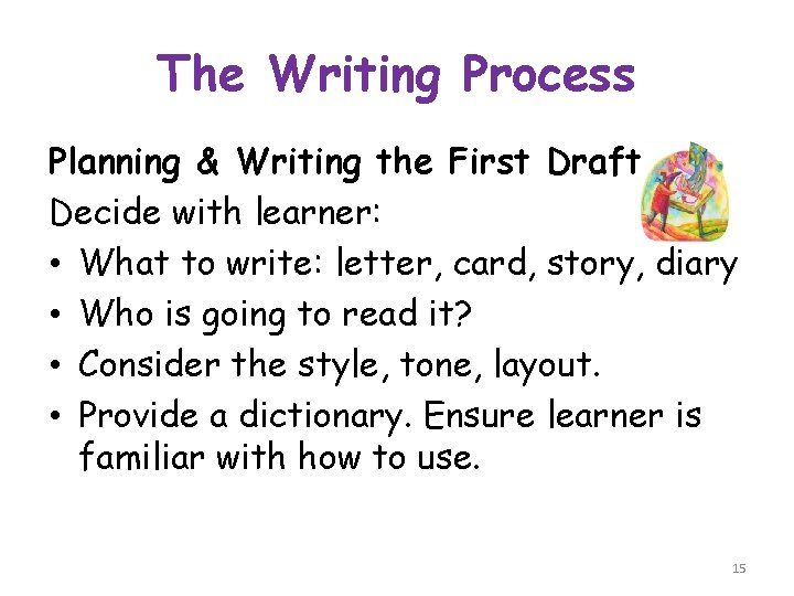 The Writing Process Planning & Writing the First Draft Decide with learner: • What