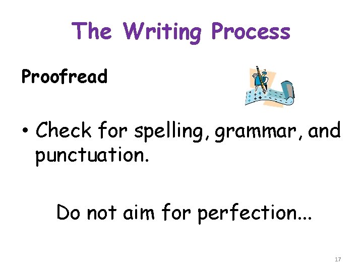 The Writing Process Proofread • Check for spelling, grammar, and punctuation. Do not aim