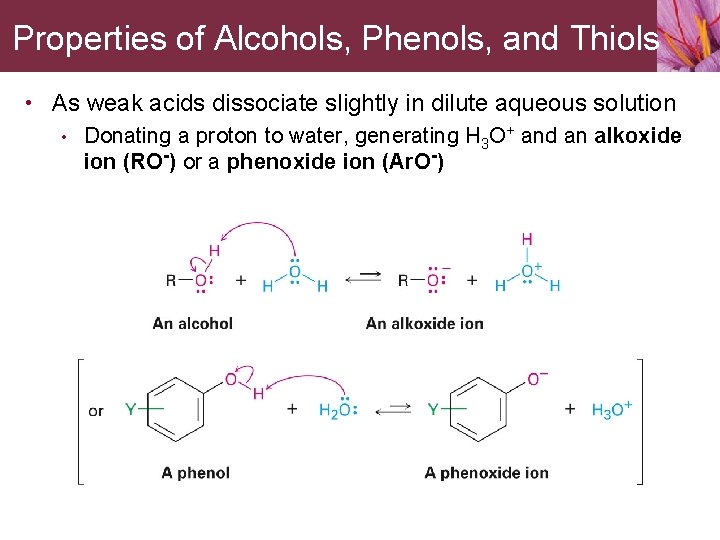 Properties of Alcohols, Phenols, and Thiols • As weak acids dissociate slightly in dilute