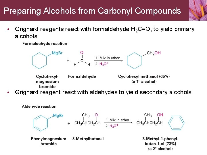 Preparing Alcohols from Carbonyl Compounds • Grignard reagents react with formaldehyde H 2 C=O,