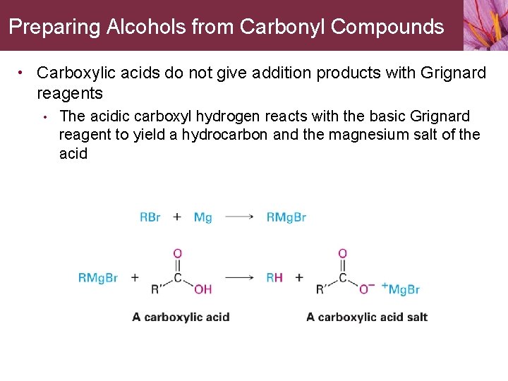 Preparing Alcohols from Carbonyl Compounds • Carboxylic acids do not give addition products with