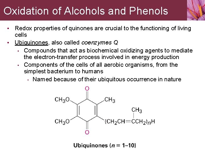 Oxidation of Alcohols and Phenols Redox properties of quinones are crucial to the functioning