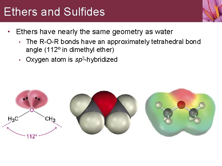 Ethers and Sulfides • Ethers have nearly the same geometry as water • The