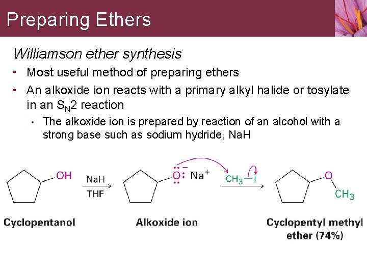 Preparing Ethers Williamson ether synthesis • Most useful method of preparing ethers • An