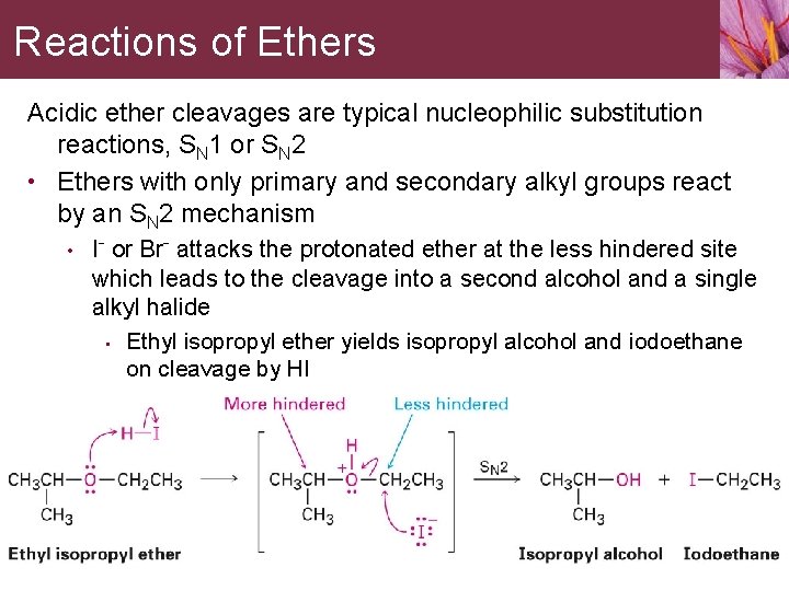 Reactions of Ethers Acidic ether cleavages are typical nucleophilic substitution reactions, SN 1 or