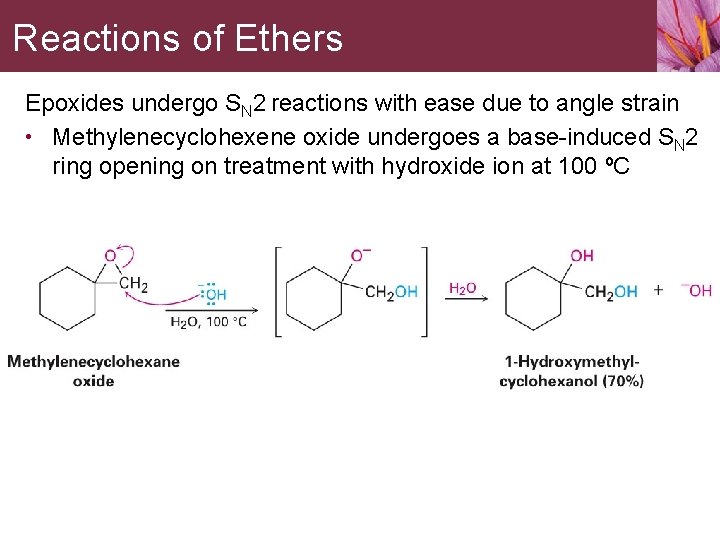 Reactions of Ethers Epoxides undergo SN 2 reactions with ease due to angle strain