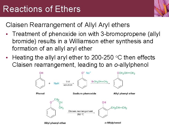 Reactions of Ethers Claisen Rearrangement of Allyl Aryl ethers • Treatment of phenoxide ion