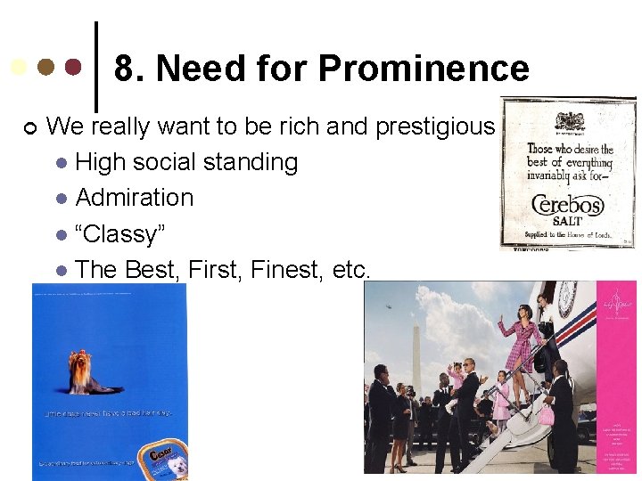 8. Need for Prominence ¢ We really want to be rich and prestigious l