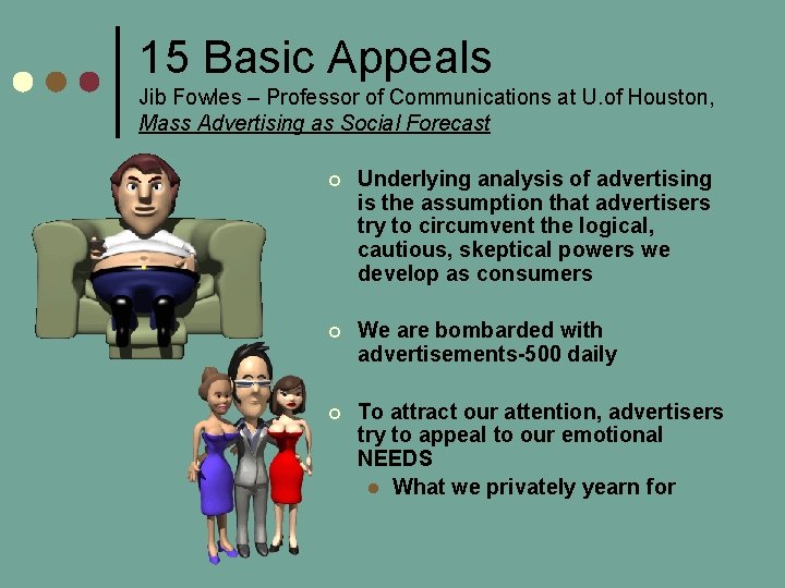 15 Basic Appeals Jib Fowles – Professor of Communications at U. of Houston, Mass