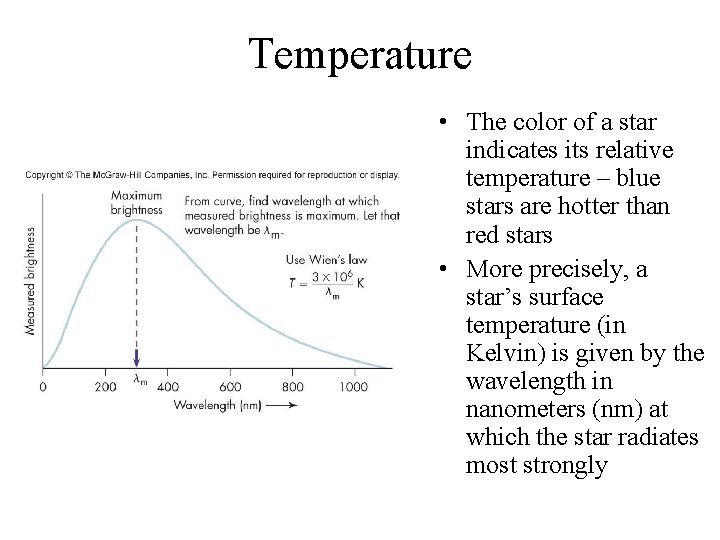 Temperature • The color of a star indicates its relative temperature – blue stars