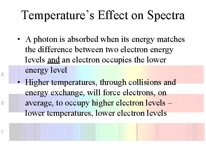 Temperature’s Effect on Spectra • A photon is absorbed when its energy matches the