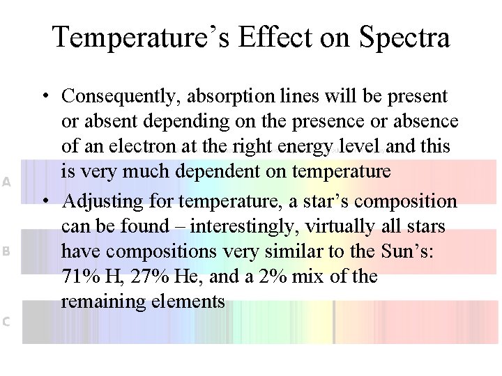 Temperature’s Effect on Spectra • Consequently, absorption lines will be present or absent depending
