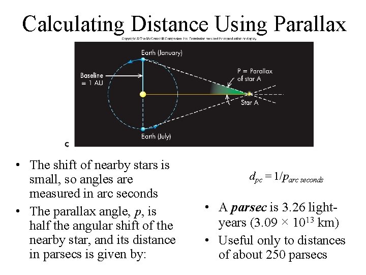 Calculating Distance Using Parallax • The shift of nearby stars is small, so angles
