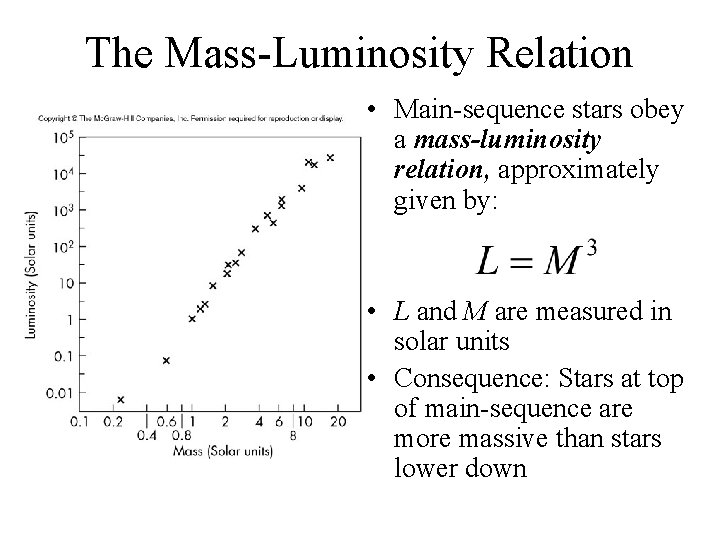 The Mass-Luminosity Relation • Main-sequence stars obey a mass-luminosity relation, approximately given by: •