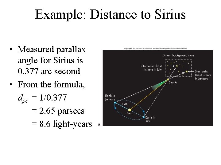 Example: Distance to Sirius • Measured parallax angle for Sirius is 0. 377 arc