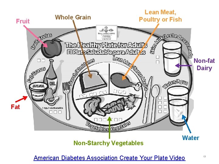 Fruit Whole Grain Lean Meat, Poultry or Fish Non-fat Dairy Fat Non-Starchy Vegetables Water