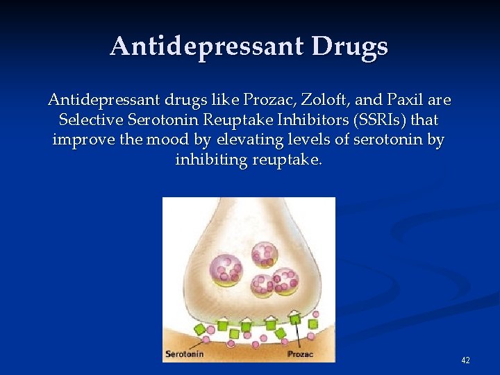Antidepressant Drugs Antidepressant drugs like Prozac, Zoloft, and Paxil are Selective Serotonin Reuptake Inhibitors