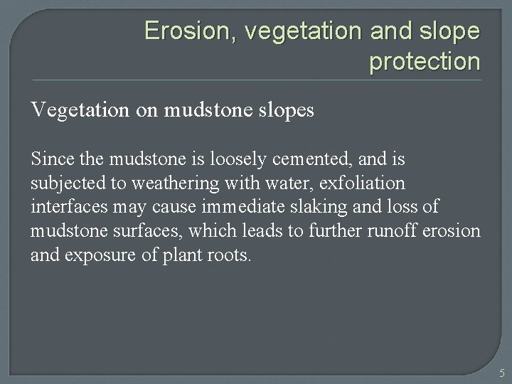 Erosion, vegetation and slope protection Vegetation on mudstone slopes Since the mudstone is loosely