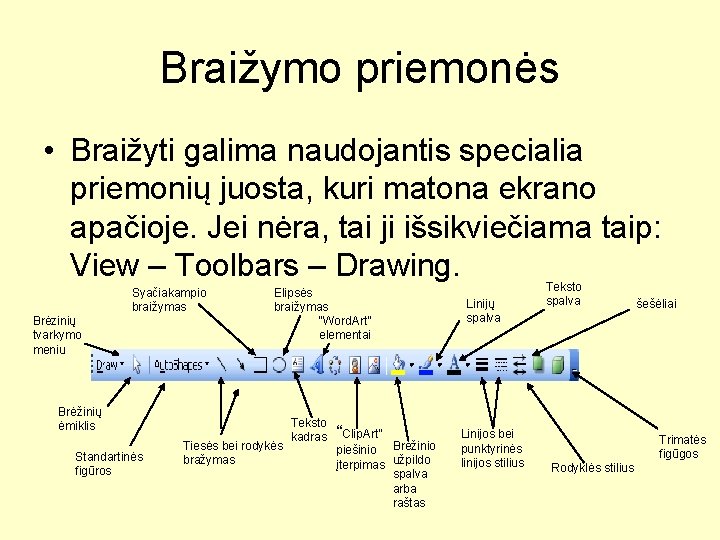 Braižymo priemonės • Braižyti galima naudojantis specialia priemonių juosta, kuri matona ekrano apačioje. Jei