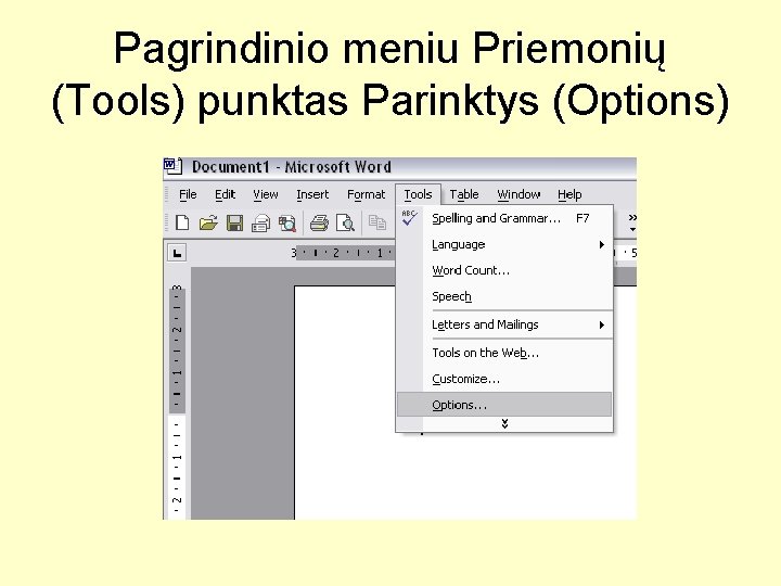 Pagrindinio meniu Priemonių (Tools) punktas Parinktys (Options) 