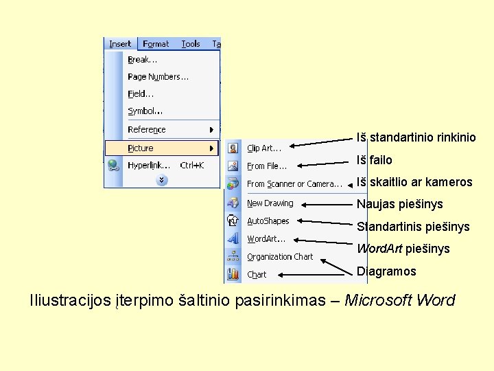 Iš standartinio rinkinio Iš failo Iš skaitlio ar kameros Naujas piešinys Standartinis piešinys Word.