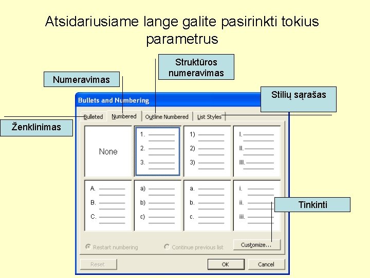 Atsidariusiame lange galite pasirinkti tokius parametrus Numeravimas Struktūros numeravimas Stilių sąrašas Ženklinimas Tinkinti 