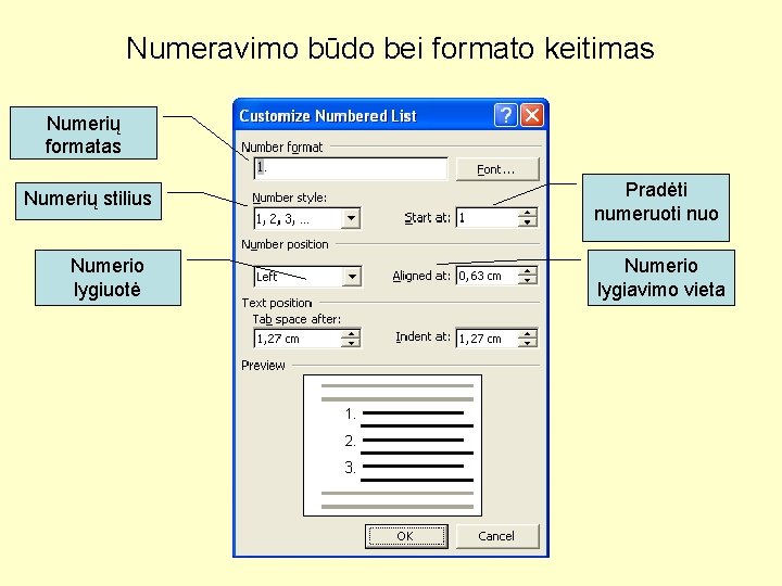 Numeravimo būdo bei formato keitimas Numerių formatas Numerių stilius Numerio lygiuotė Pradėti numeruoti nuo