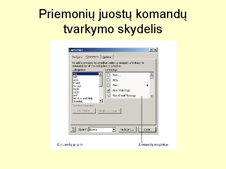 Priemonių juostų komandų tvarkymo skydelis 