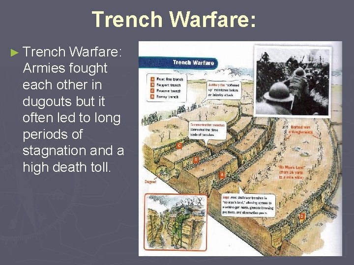 Trench Warfare: ► Trench Warfare: Armies fought each other in dugouts but it often