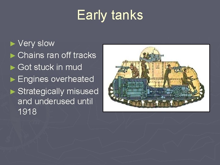 Early tanks ► Very slow ► Chains ran off tracks ► Got stuck in